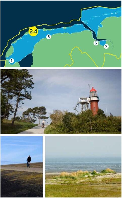 Compilation of a map of the Dutch Wadden Sea and three pictures: lighthouse near trees, cyclist in open landscape, beach with vegetation and exposed mudflat.