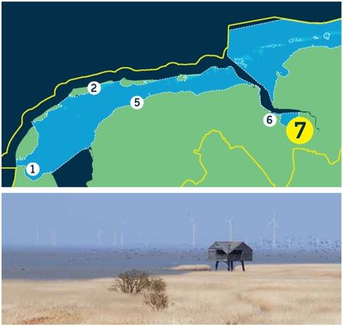 Compilation of a map of the Dutch Wadden Sea and picture of bird watching tower in yellow salt marsh against sea and offshore wind farm.