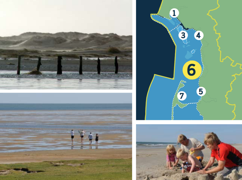 Compilation of a map of the Danish Wadden Sea and three pictures: wood beams sticking out of mudflat and dunes in distance, group of people on mudflat near shore, group of people playing with sand on beach