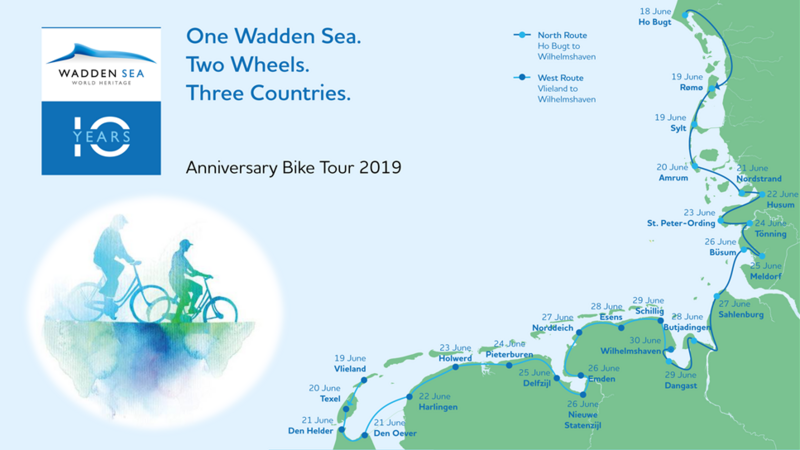 Map of the Wadden Sea coast with overview of the bike tour route and main stops. © CWSS.